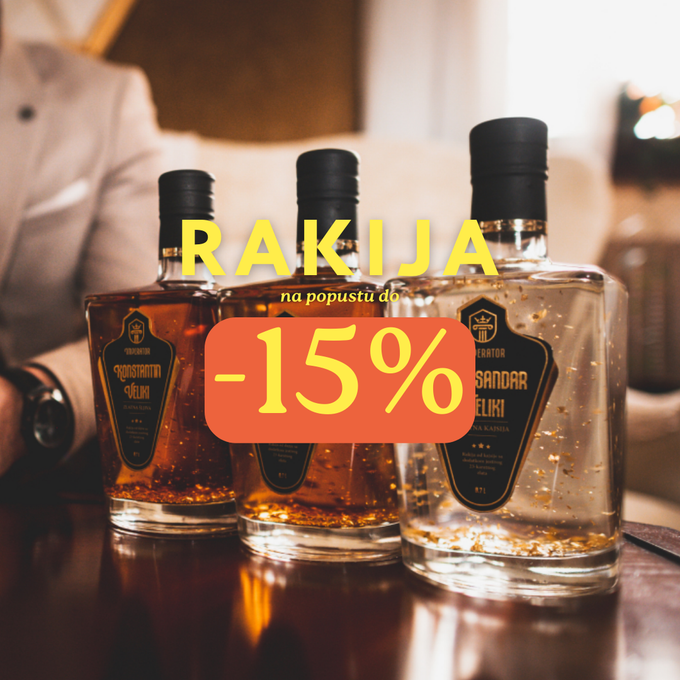 Doživi praznike uz kap luksuza. Ekskluzivna i domaća Imperator rakija sa 24k zlatom sada je dostupna uz 15% popusta – za trenutke koji se pamte. Pokloni sebi ili nekome posebnom izuzetan užitak.