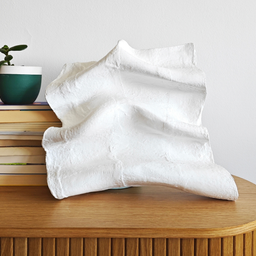 Bela skulpturalna slika naslonjena na knjige, sa malom zelenom biljkom u saksiji levo.