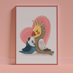 Ručno crtana ilustracija nimfe i kokatila koji se nežno grle ispred ružičastog srca