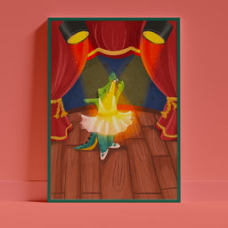 Ručno crtana ilustracija krokodila u baletskoj haljini koji pleše na pozornici pod reflektorima.