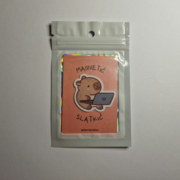 Magnetić u obliku kapibare koja koristi laptop, spakovan u providnu kesicu sa holografskim ivicama.