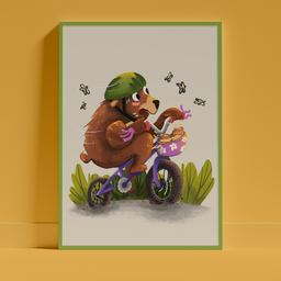 Digitalna ilustracija mede koji vozi bicikl sa medom, dečji print za zid i dekoraciju dečje sobe.