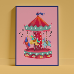 Ručno crtana ilustracija šarene dečje vrteške sa tri konjića koja se okreće uz muziku.