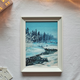 Umetnički print zimskog pejzaža kroz koji protiče reka