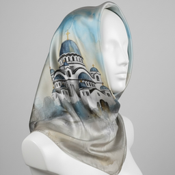 Ručno oslikana svilena marama sa motivom Hrama Svetog Save