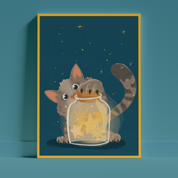 Ručno crtana ilustracija mace koja drži teglu punu svetlećih zvezda