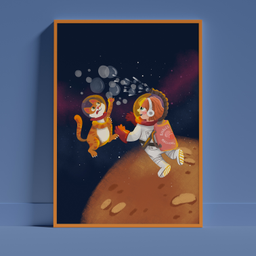 Ručno crtana ilustracija deteta astronauta i narandžaste mačke koji se igraju mehurićima u svemiru
