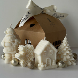 4 sveće: mali Deda Mraz, pahuljica, kućica, jelka