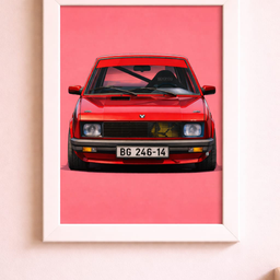 Retro auto poster sa ramom – crveni klasik